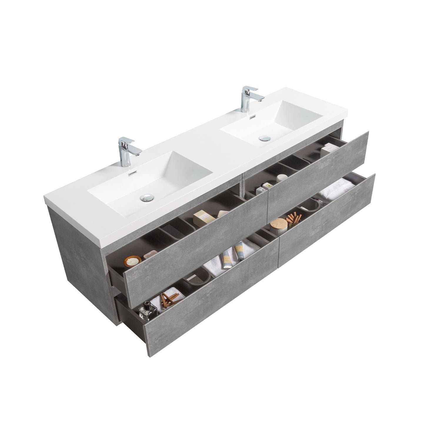 Sinber 72" Wall Mounted Double Rectangular Sink Bathroom Vanity Cabinet with White Acrylic Countertop 2 Doors and 4 Drawers, Compact and Elegant with Sleek Design for Modern Bathrooms