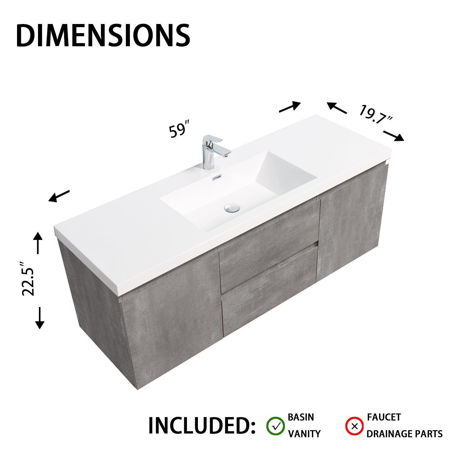 Sinber 60" Wall Mounted Single Rectangular Sink Bathroom Vanity Cabinet with White Acrylic Countertop 2 Doors and 2 Drawers, Compact and Elegant with Sleek Design for Modern Bathrooms