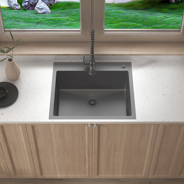 Sinber 25" x 22" x 9" Drop In Single Bowl Kitchen Sink with 18 Gauge 304 Stainless Steel Black Finish HT2522S-B (Sink Only)