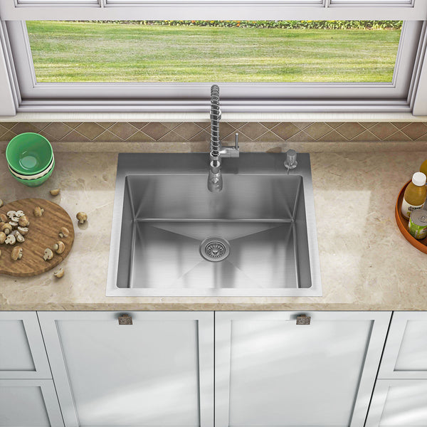 Sinber 25" x 22" x 9" Drop In Single Bowl Kitchen Sink with 18 Gauge 304 Stainless Steel Satin Finish HT2522S-9-S (Sink Only)