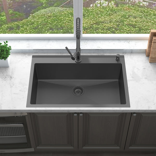 Sinber 33" x 22" x 9" Drop In Single Bowl Kitchen Sink with 18 Gauge 304 Stainless Steel Black Finish HT3322S-B (Sink Only)