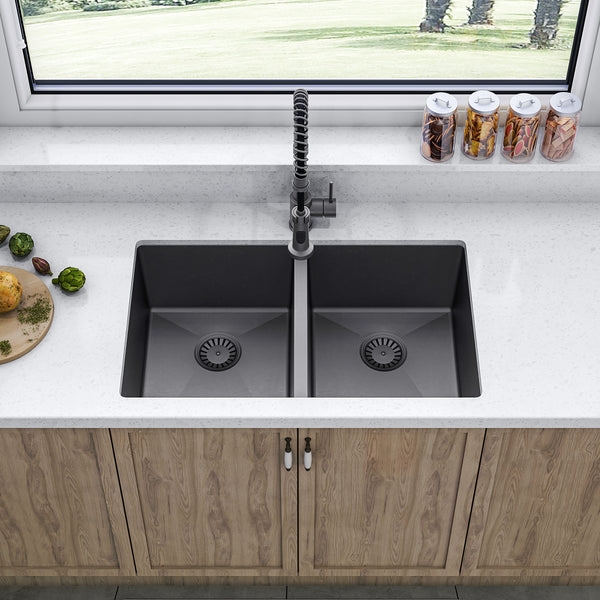 Sinber 32" x 19" x 10" Undermount Double Bowl Kitchen Sink with 18 Gauge 304 Stainless Steel Black Finish HU3219D-B (Sink Only)