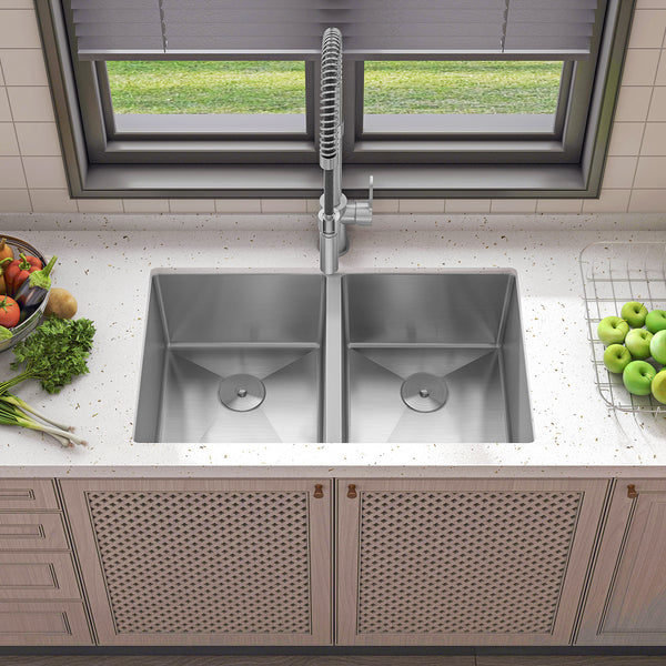 Sinber 32" x 19" x 10" Undermount Double Bowl Kitchen Sink with 304 Stainless Steel Satin Finish