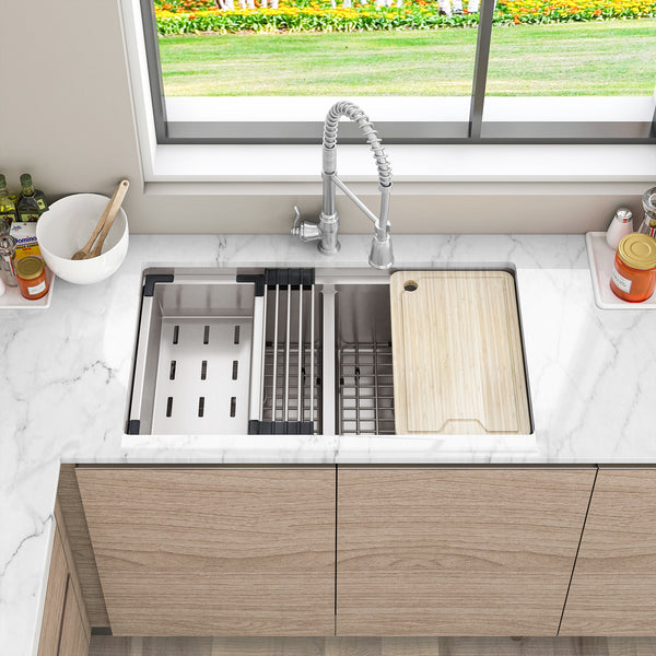 Sinber 33" x 19" x 10" Undermount Double Bowl Workstation Kitchen Sink with 16 Gauge 304 Stainless Steel Satin Finish 6 Accessories KSS0003D-OL