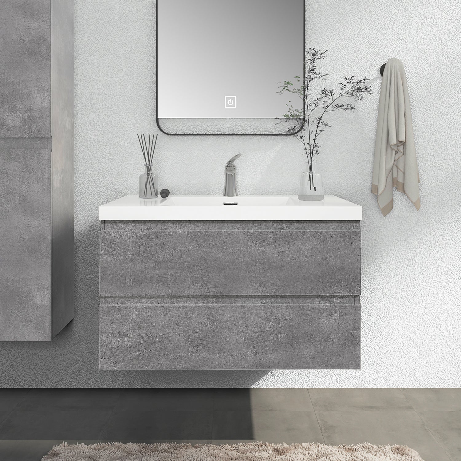 Sinber 36" Wall Mounted Single Rectangular Sink Bathroom Vanity Cabinet with White Acrylic Countertop 2 Drawers, Compact and Elegant with Sleek Design for Modern Bathrooms