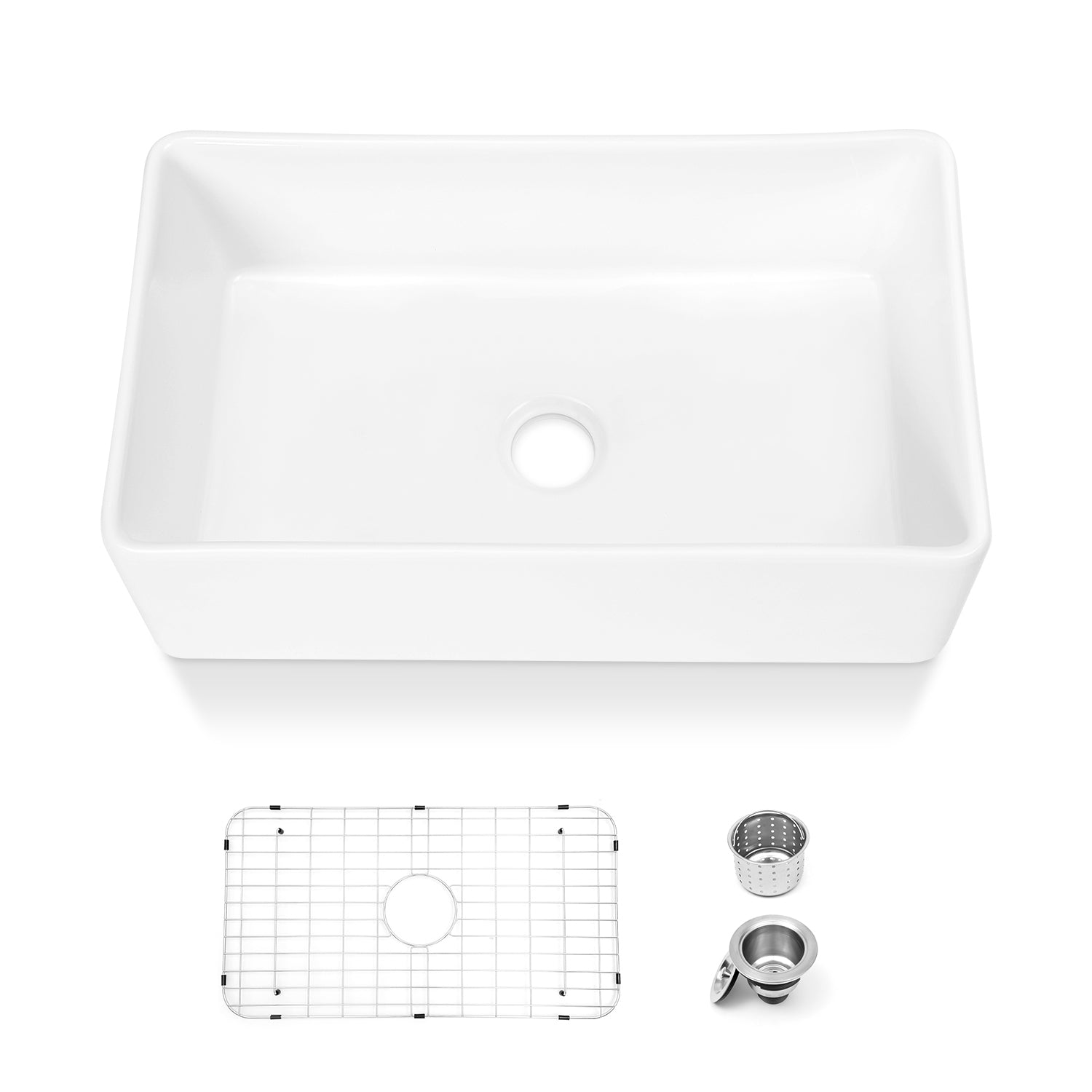 Sinber White Rectangular Ceramic Single Bowl Apron farmhouse Kitchen Sink With Strainer
