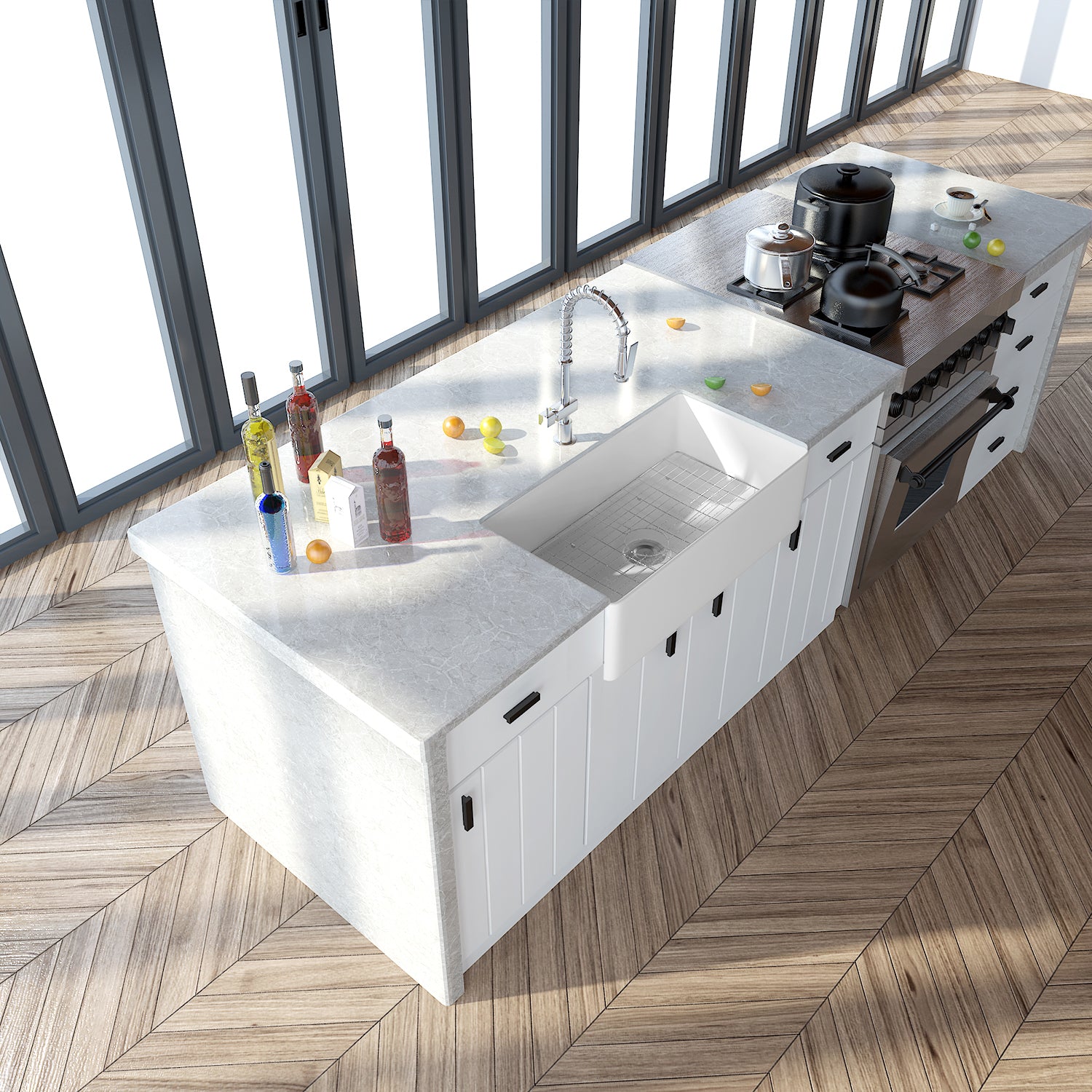 Sinber White Rectangular Ceramic Single Bowl Apron farmhouse Kitchen Sink With Strainer