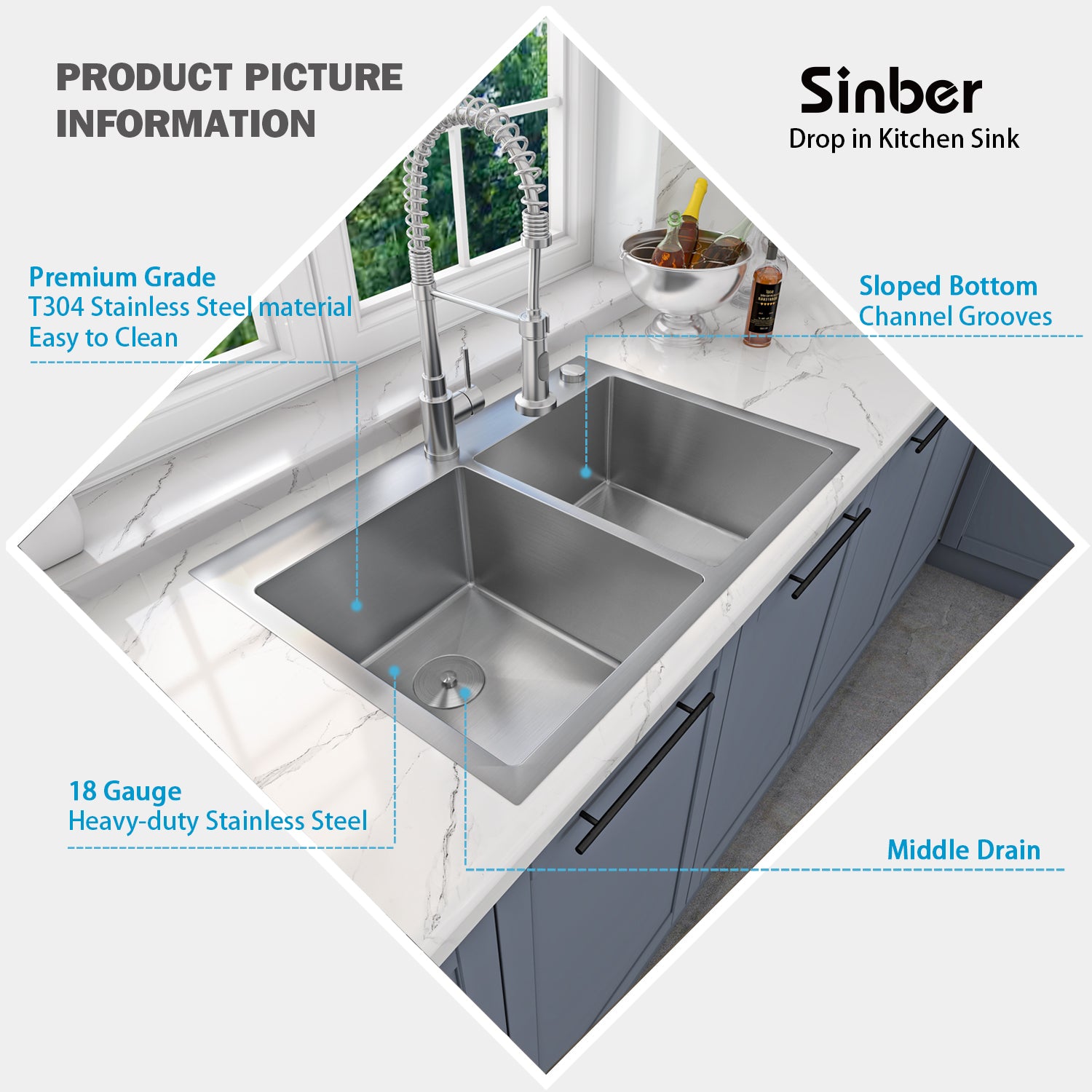 Sinber 33" x 22" x 9" Drop In Double Bowl Kitchen Sink with 18 Gauge 304 Stainless Steel Satin Finish HT3322D-S-9 (Sink Only)