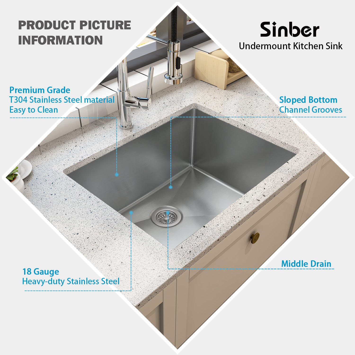 Sinber 23" x 18" x 12" Undermount Single Bowl Kitchen Sink with 18 Gauge 304 Stainless Steel Satin Finish HU2318S-S-12 (Sink Only)