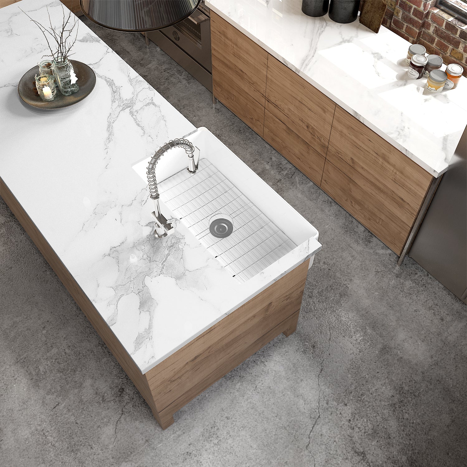 Sinber White Rectangular Ceramic Single Bowl Apron farmhouse Kitchen Sink With Strainer