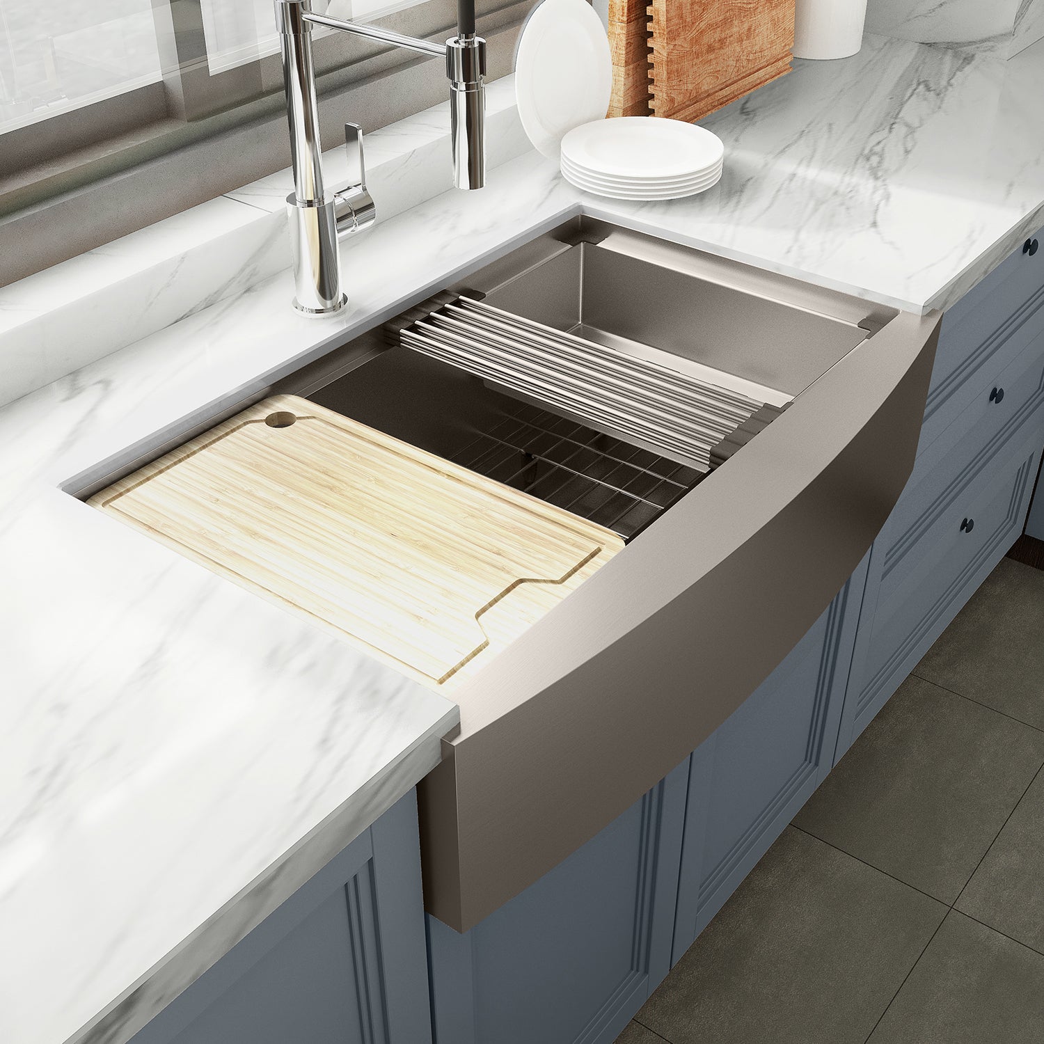 Sinber 33" x 21" x 10" Farmhouse Apron Single Bowl Workstation Kitchen Sink with 16 Gauge 304 Stainless Steel Satin Finish 6 Accessories KSS0004S-OL