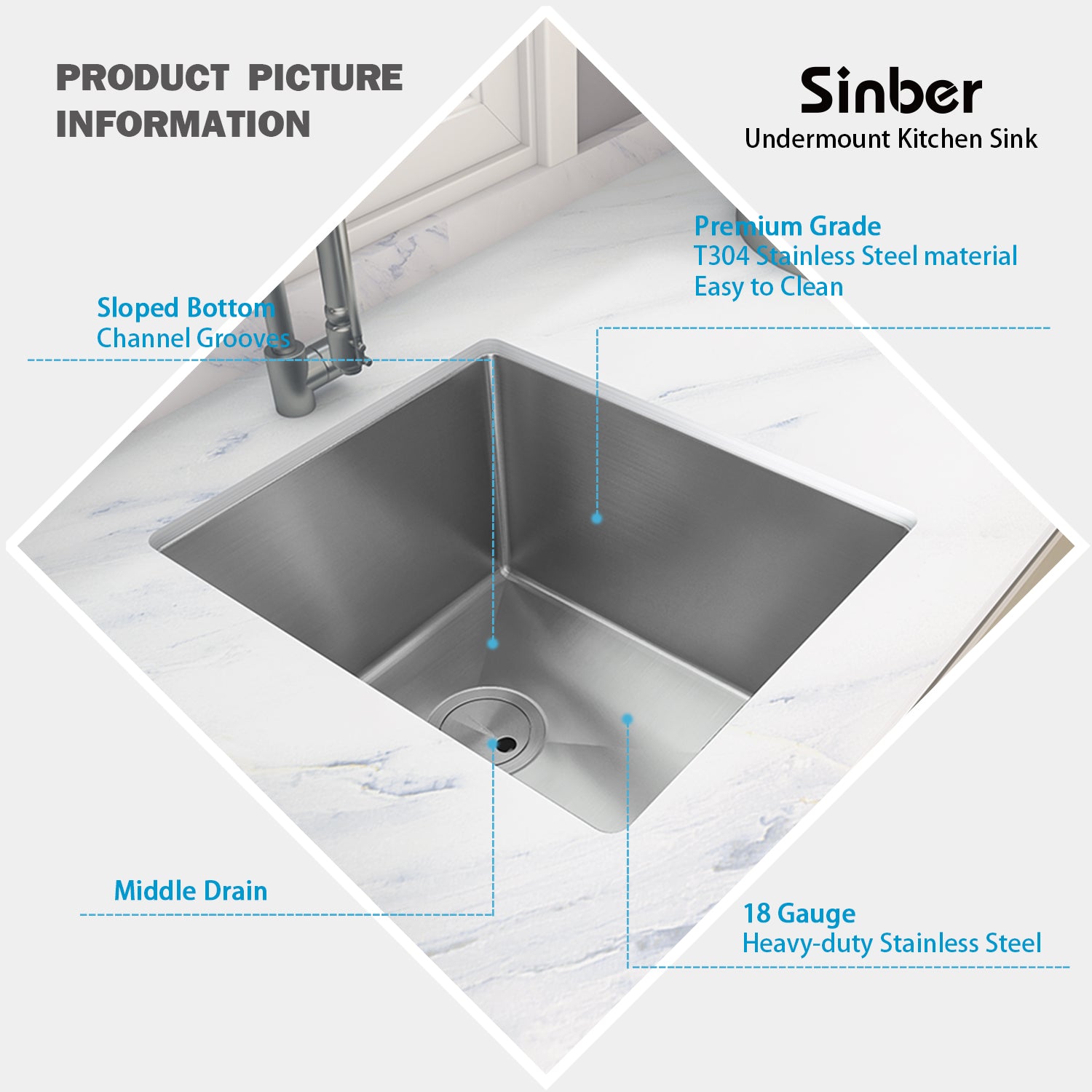 Sinber 16 Inches Undermount Single Bowl Kitchen Sink with 18 Gauge 304 Stainless Steel Satin Finish HU1517S-S
