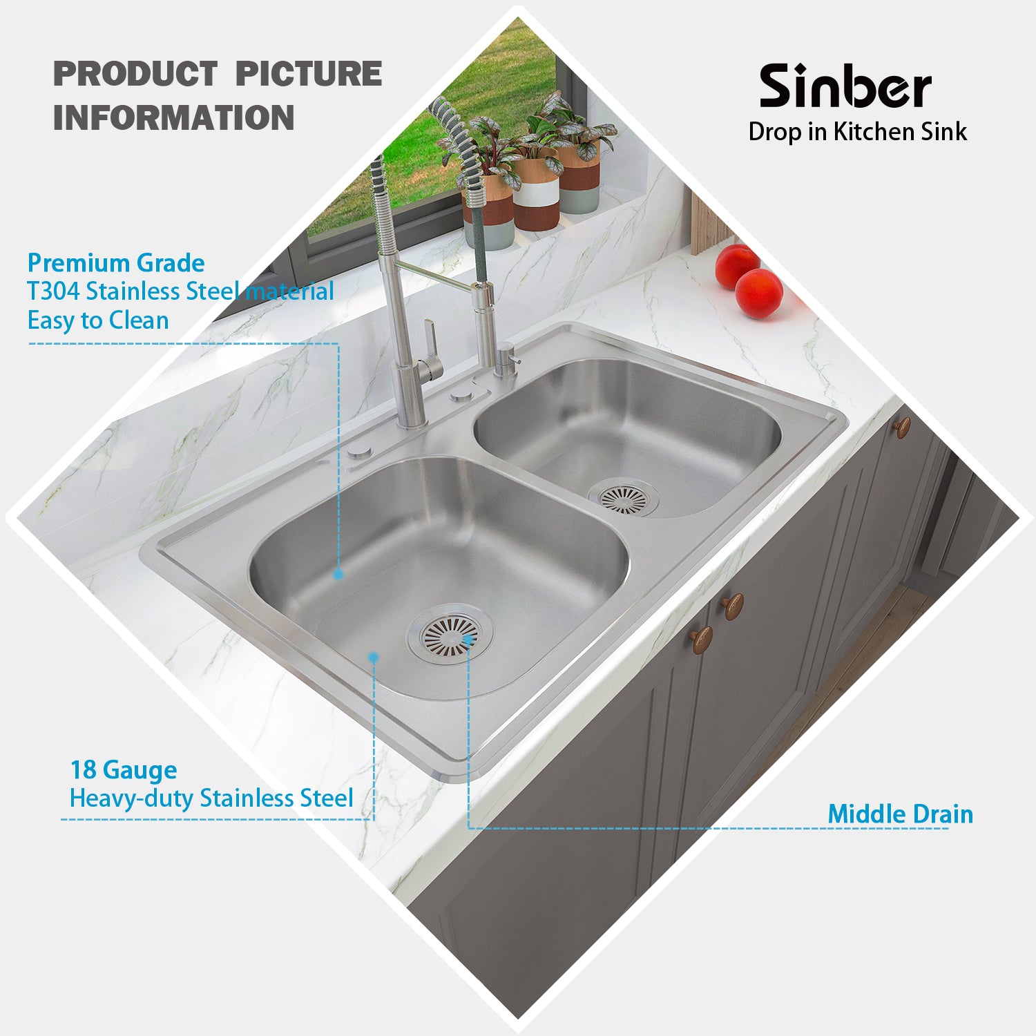 Sinber 33" x 22" x 5.5" Drop In Double Bowl Kitchen Sink with 18 Gauge 304 Stainless Steel Satin Finish MT3322D-ADA (Sink Only)