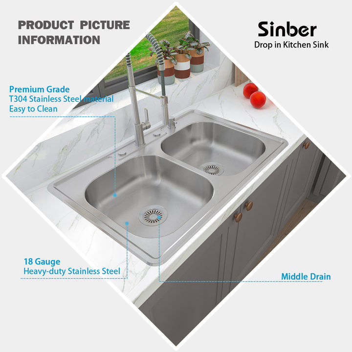 Sinber 33 x 22 x 5.5 Drop In Double Bowl Kitchen Sink with 18 Gauge