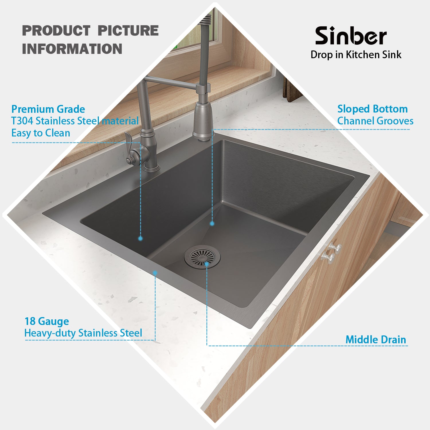 Sinber 25" x 22" x 9" Drop In Single Bowl Kitchen Sink with 18 Gauge 304 Stainless Steel Black Finish HT2522S-B (Sink Only)