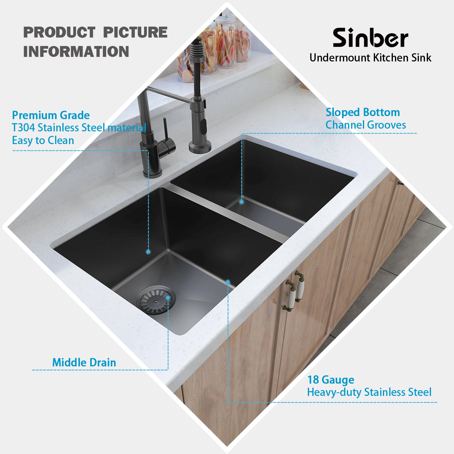 Sinber 32" x 19" x 10" Undermount Double Bowl Kitchen Sink with 18 Gauge 304 Stainless Steel Black Finish HU3219D-B (Sink Only)