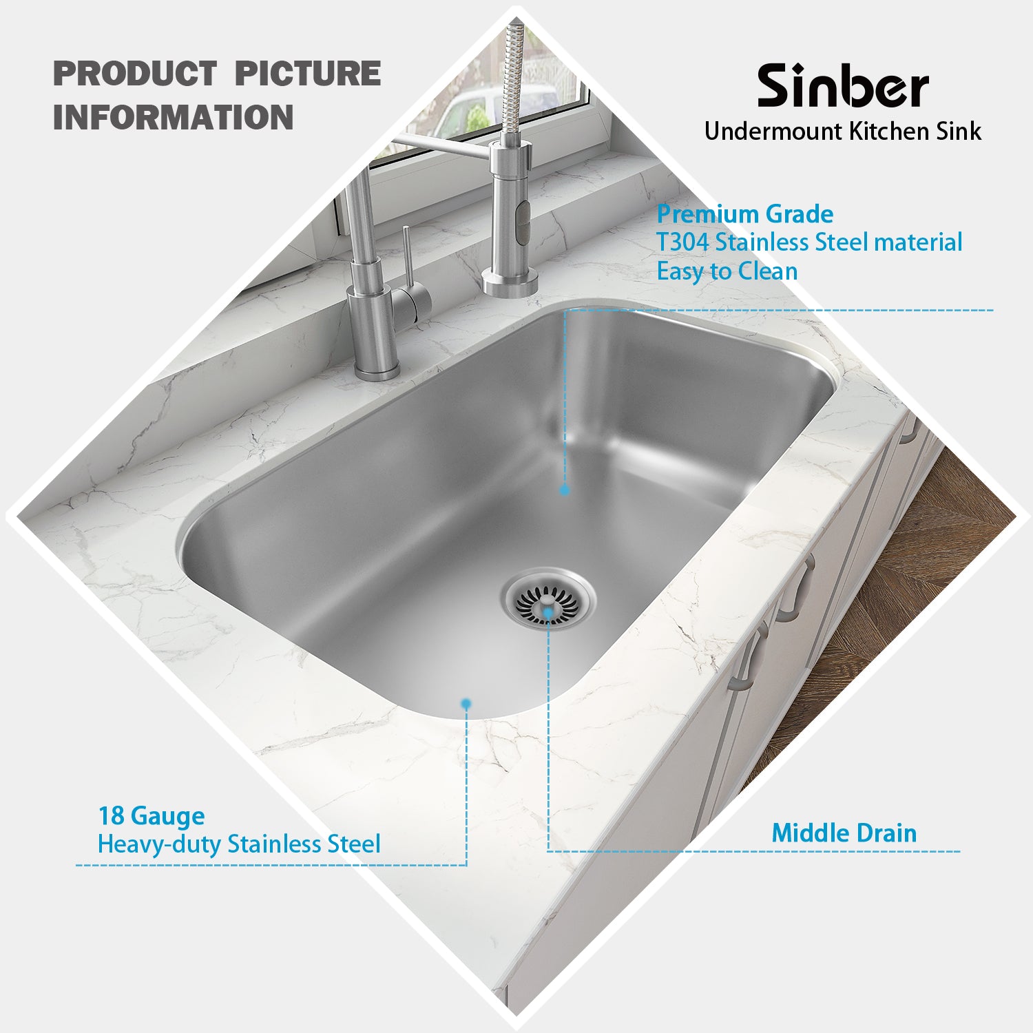 Sinber 31" x 18" x 9" Undermount Single Bowl Kitchen Sink with 18 Gauge 304 Stainless Steel Satin Finish MU3118S (Sink Only)
