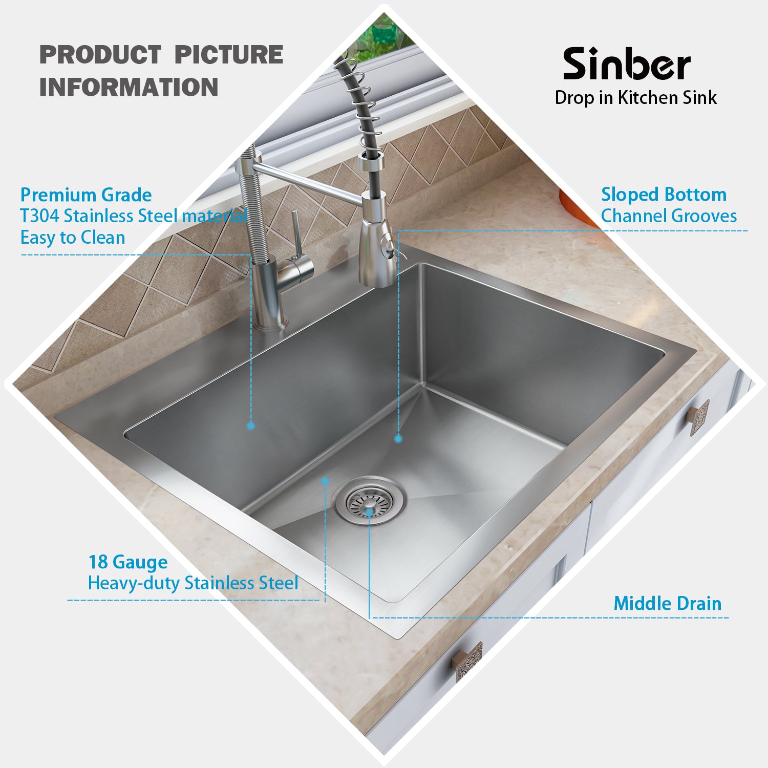 Sinber 25" x 22" x 12" Drop In Single Bowl Kitchen Sink with 18 Gauge 304 Stainless Steel Satin Finish HT2522S-S-12 (Sink Only)