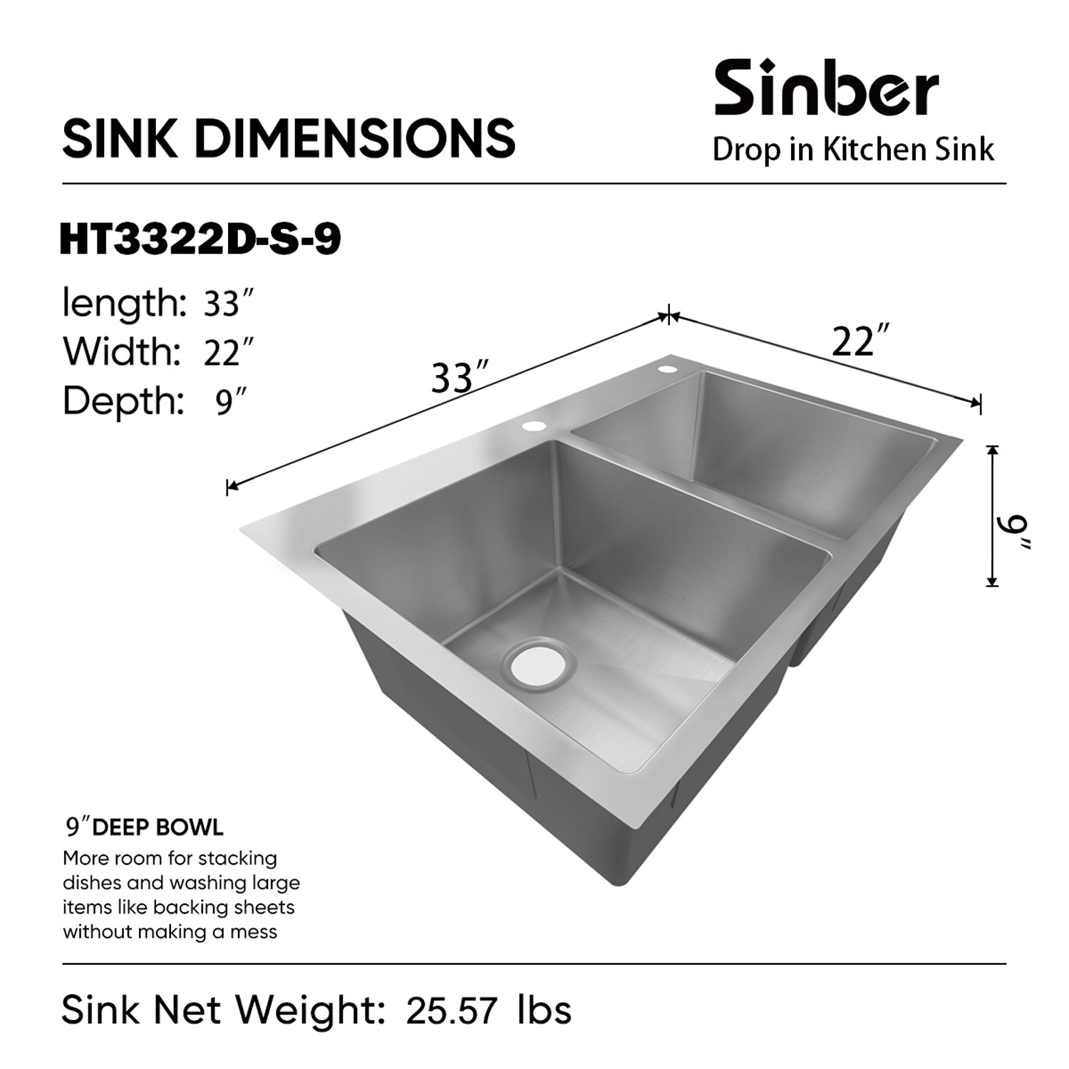 Sinber 33" x 22" x 9" Drop In Double Bowl Kitchen Sink with 18 Gauge 304 Stainless Steel Satin Finish HT3322D-S-9 (Sink Only)