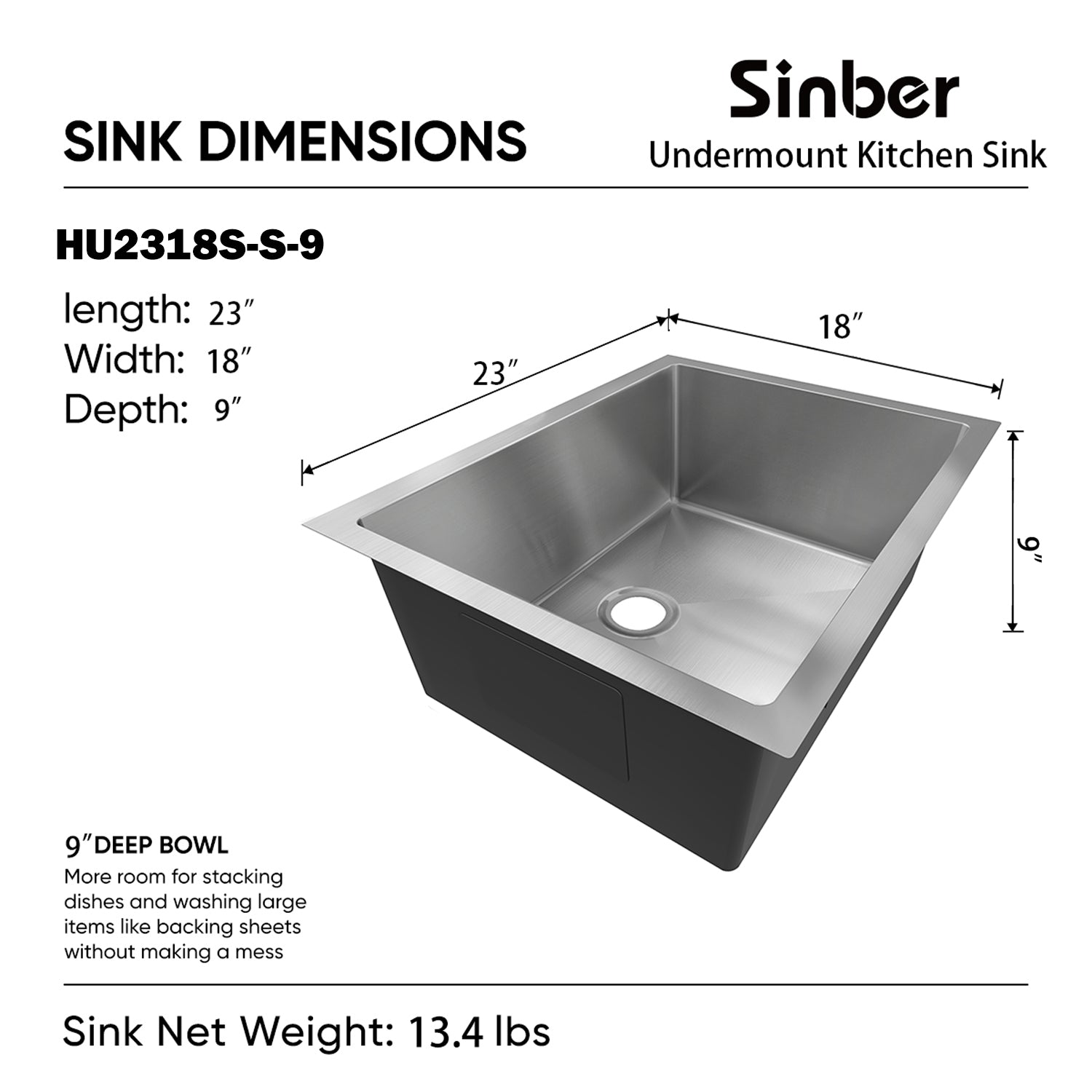 Sinber 23" x 18" x 9" Undermount Single Bowl Kitchen Sink with 18 Gauge 304 Stainless Steel Satin Finish HU2318S-S-9 (Sink Only)