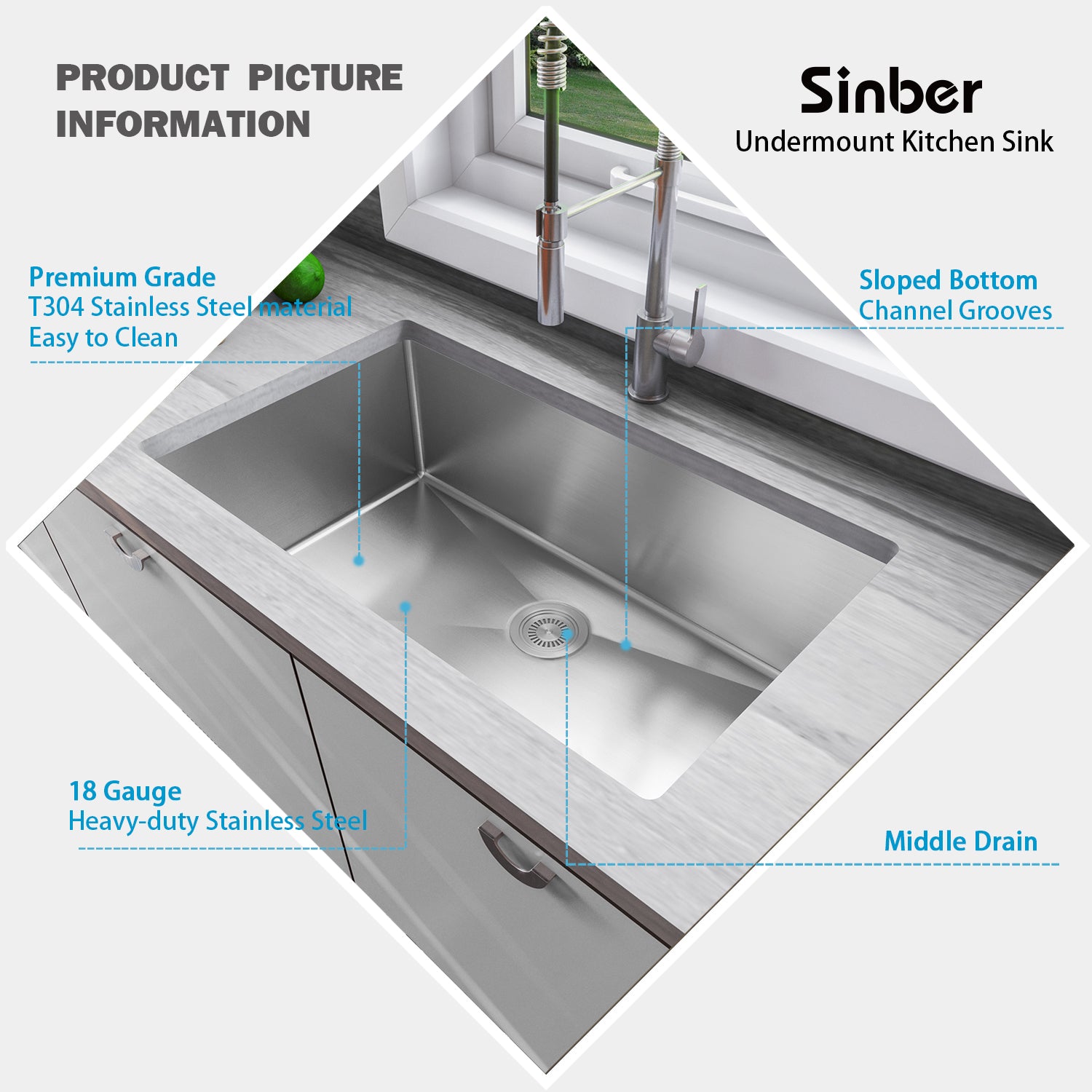 Sinber 32" x 19" x 10" Undermount Single Bowl Kitchen Sink with 18 Gauge 304 Stainless Steel Satin Finish HU3219S-S (Sink Only)