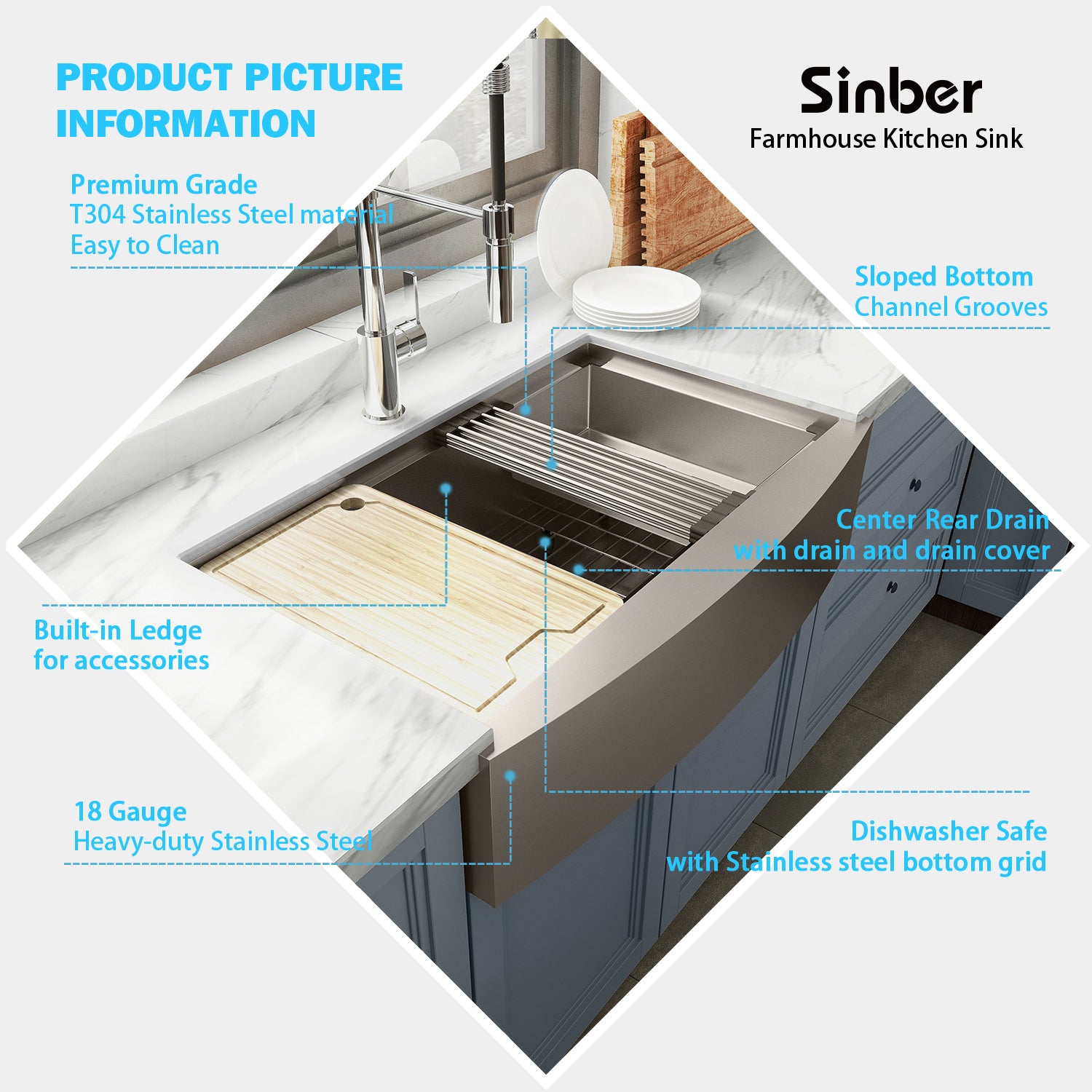 Sinber 33" x 21" x 10" Farmhouse Apron Single Bowl Workstation Kitchen Sink with 16 Gauge 304 Stainless Steel Satin Finish 6 Accessories KSS0004S-OL