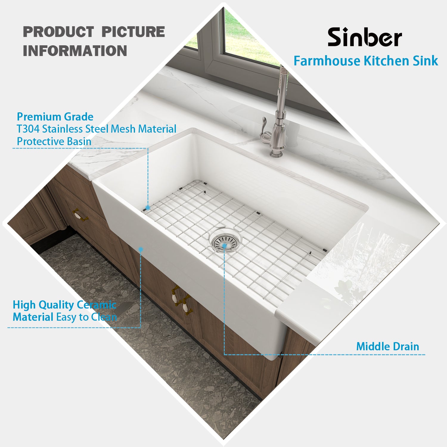Sinber White Rectangular Ceramic Single Bowl Apron farmhouse Kitchen Sink With Strainer