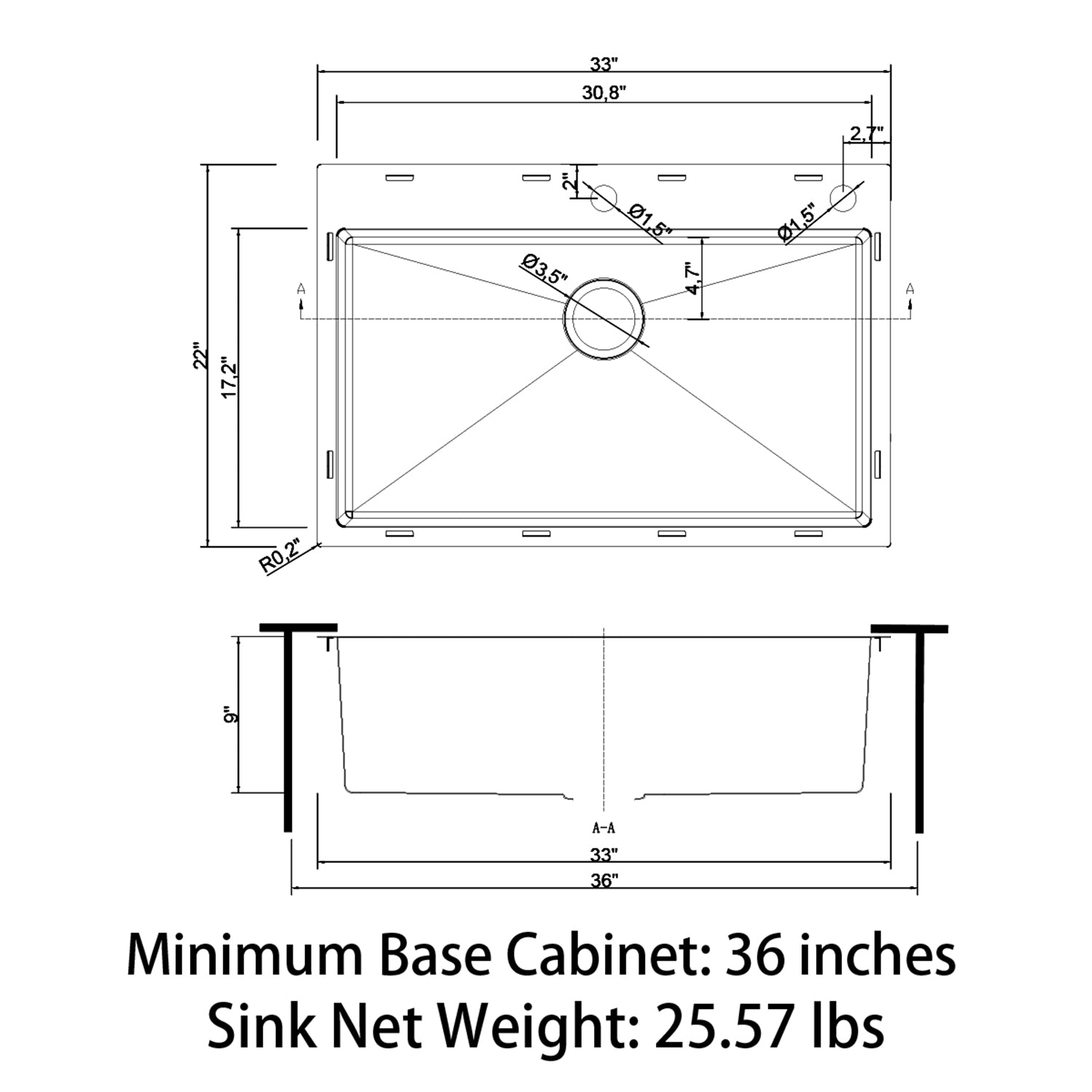 Sinber 33" x 22" x 9" Drop In Single Bowl Kitchen Sink with 18 Gauge 304 Stainless Steel Black Finish HT3322S-B (Sink Only)