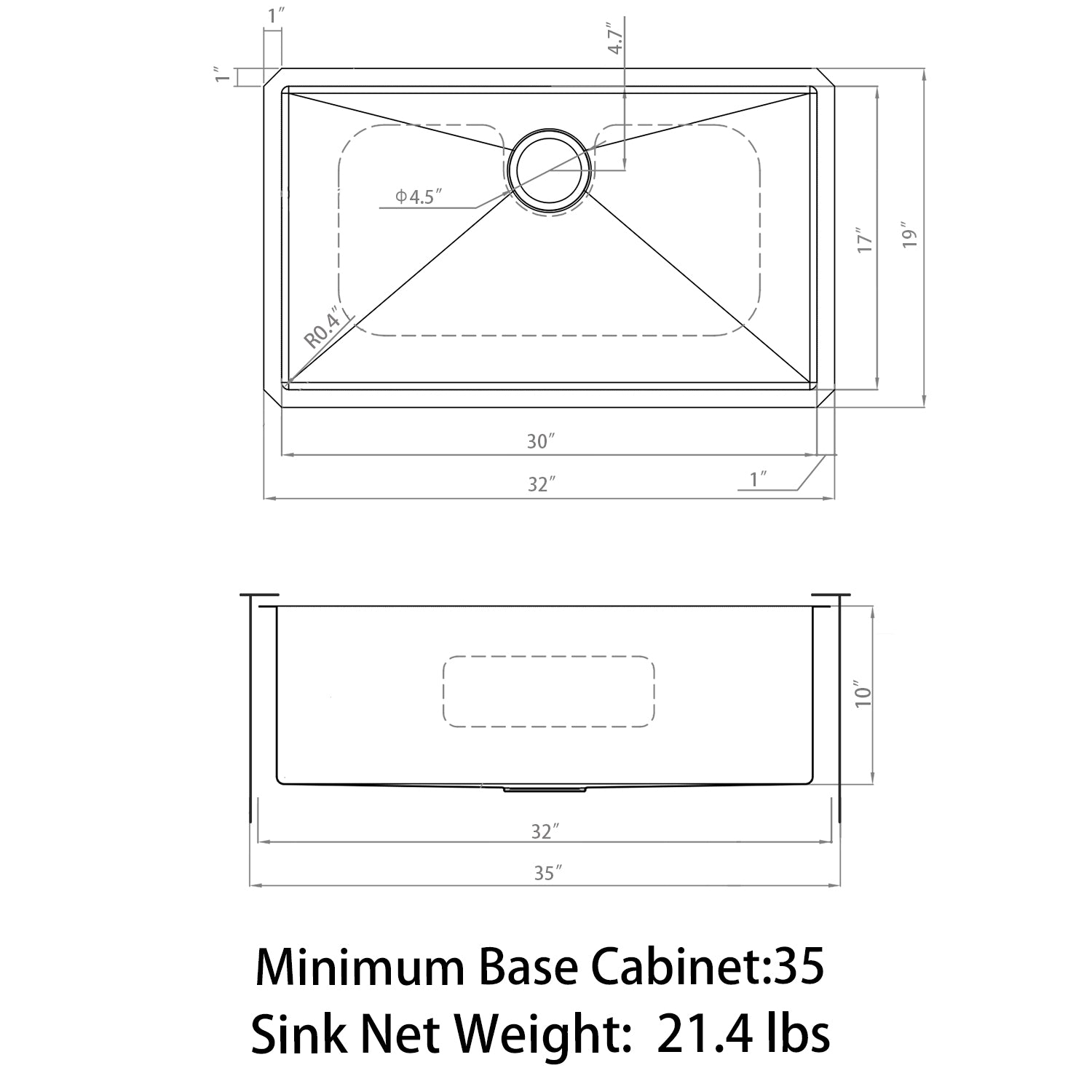 Sinber 32" x 19" x 10" Undermount Single Bowl Kitchen Sink with 18 Gauge 304 Stainless Steel Satin Finish HU3219S-S (Sink Only)