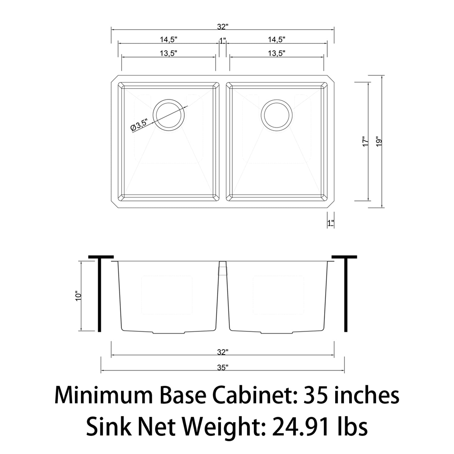 Sinber 32" x 19" x 10" Undermount Double Bowl Kitchen Sink with 18 Gauge 304 Stainless Steel Black Finish HU3219D-B (Sink Only)