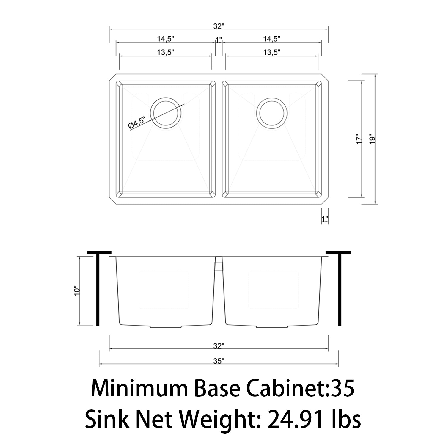 Sinber 32" x 19" x 10" Undermount Double Bowl Kitchen Sink with 304 Stainless Steel Satin Finish