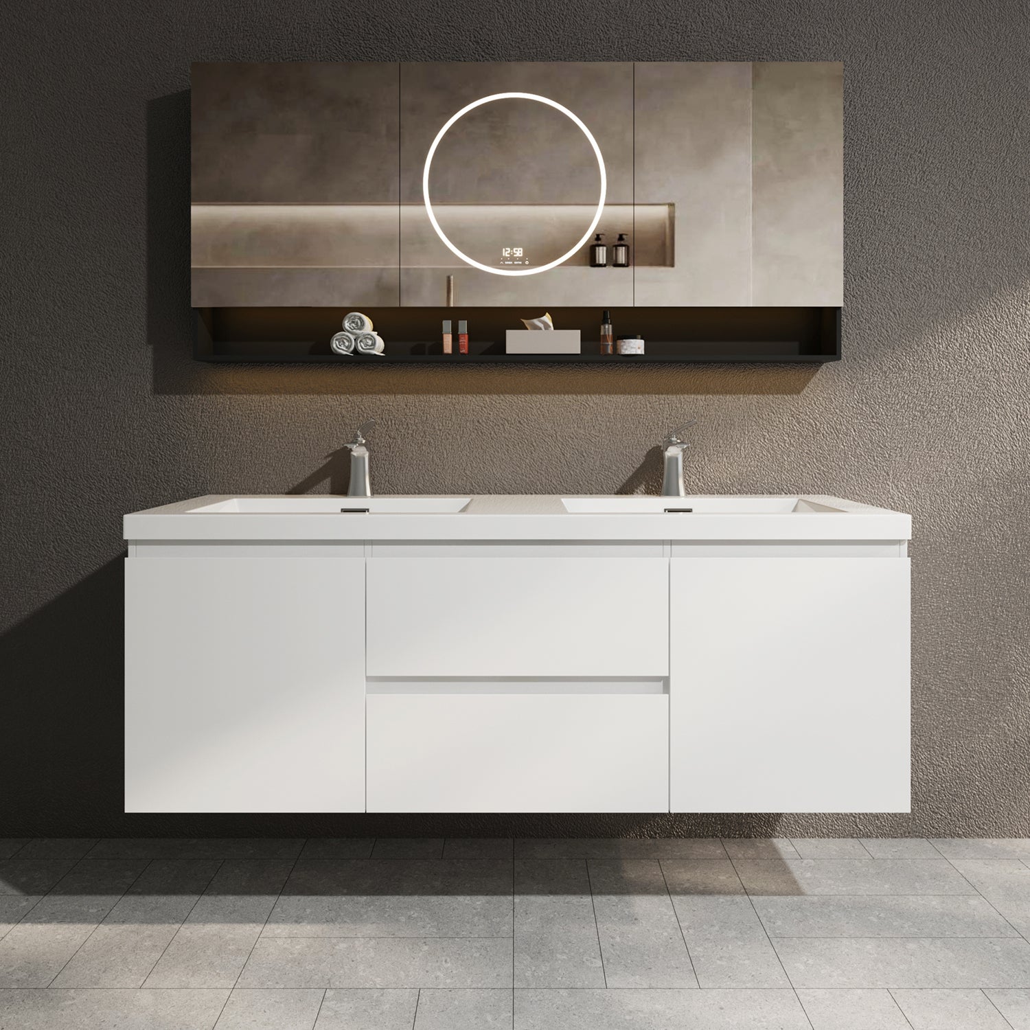 Sinber 60" Wall Mounted Double Rectangular Sink Bathroom Vanity Cabinet with White Acrylic Countertop 2 Doors and 2 Drawers, Compact and Elegant with Sleek Design for Modern Bathrooms