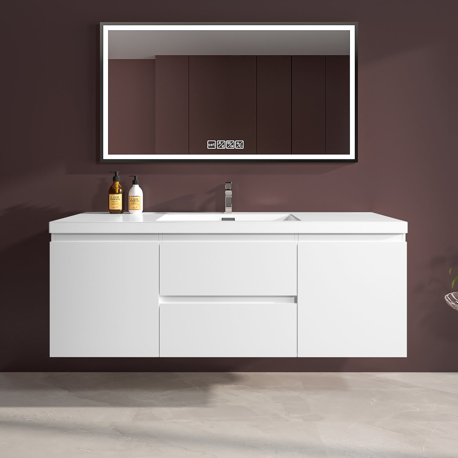 Sinber 60" Wall Mounted Single Rectangular Sink Bathroom Vanity Cabinet with White Acrylic Countertop 2 Doors and 2 Drawers, Compact and Elegant with Sleek Design for Modern Bathrooms