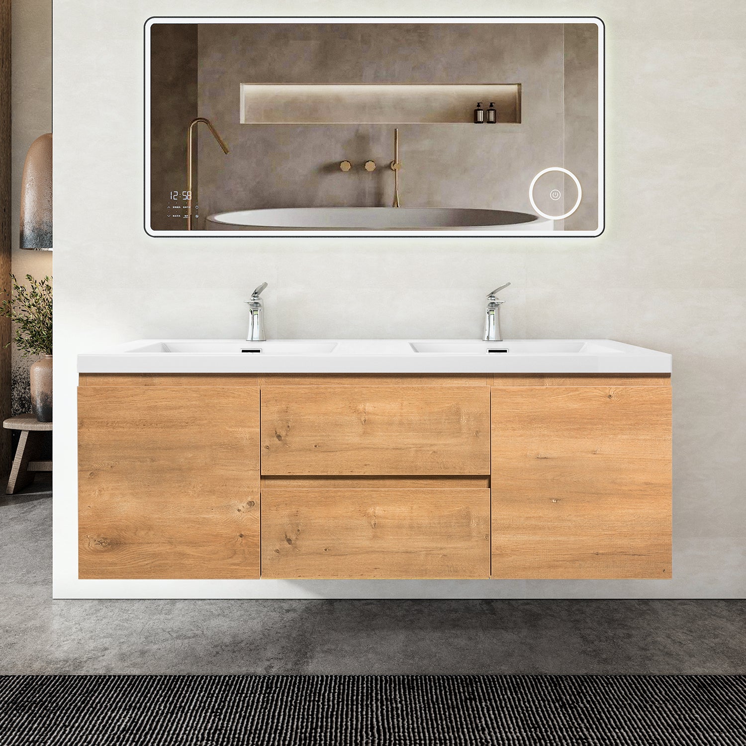 Sinber 60" Wall Mounted Double Rectangular Sink Bathroom Vanity Cabinet with White Acrylic Countertop 2 Doors and 2 Drawers, Compact and Elegant with Sleek Design for Modern Bathrooms