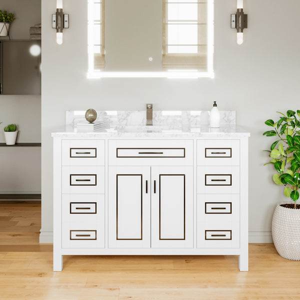 Sinber 48 Inch Rectangular Sink Bathroom Vanity Cabinet with Carrara White Marble Countertop | 2 Soft Closing Doors and 8 Full Extension Dovetail Cabinet Drawer(Style 2)