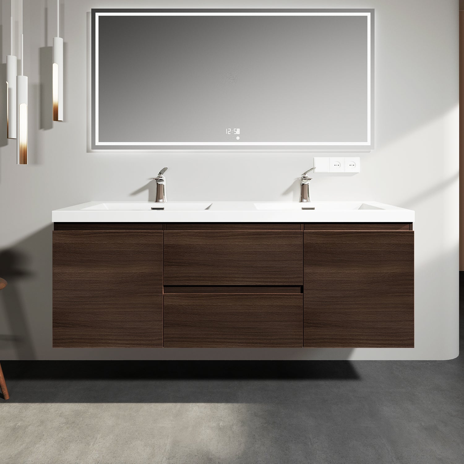 Sinber 60" Wall Mounted Double Rectangular Sink Bathroom Vanity Cabinet with White Acrylic Countertop 2 Doors and 2 Drawers, Compact and Elegant with Sleek Design for Modern Bathrooms