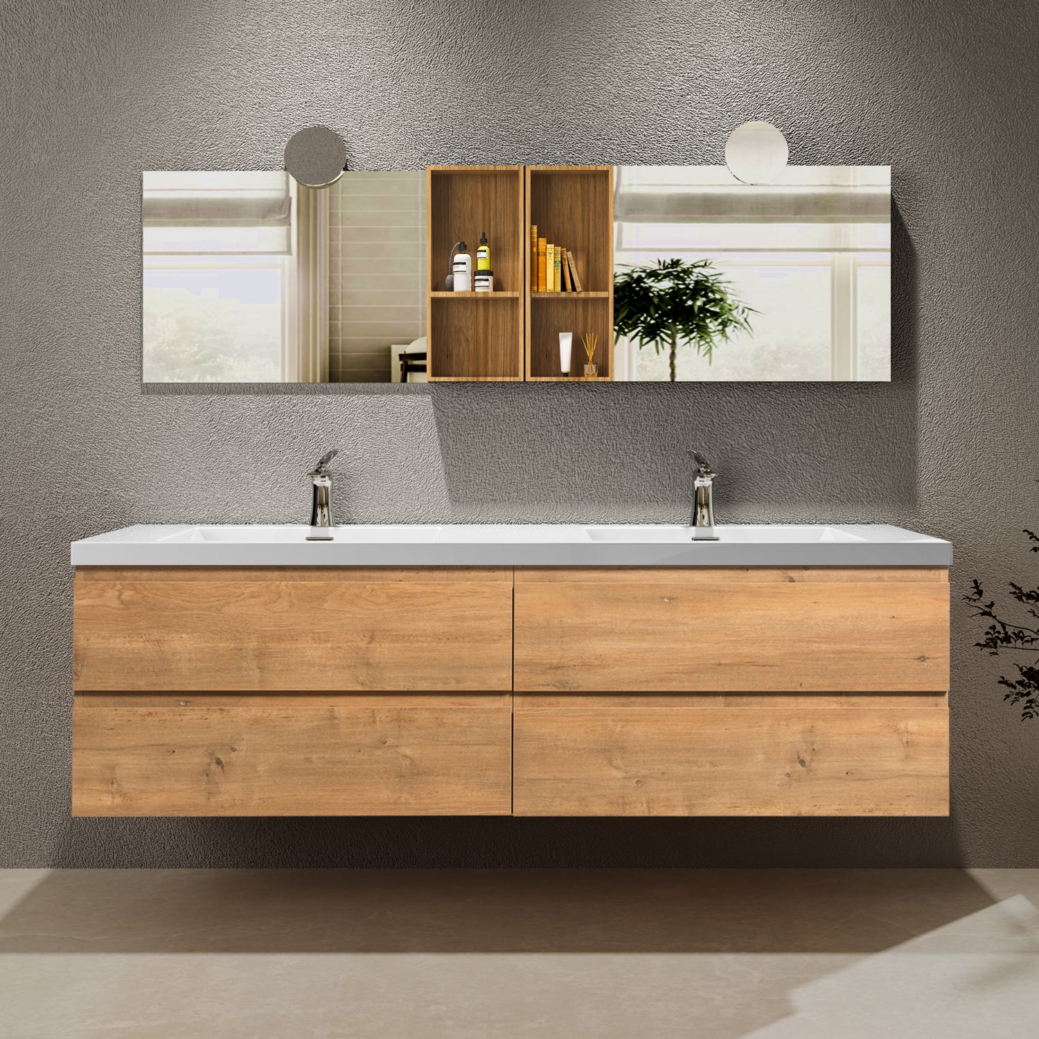 Sinber 72" Wall Mounted Double Rectangular Sink Bathroom Vanity Cabinet with White Acrylic Countertop 2 Doors and 4 Drawers, Compact and Elegant with Sleek Design for Modern Bathrooms