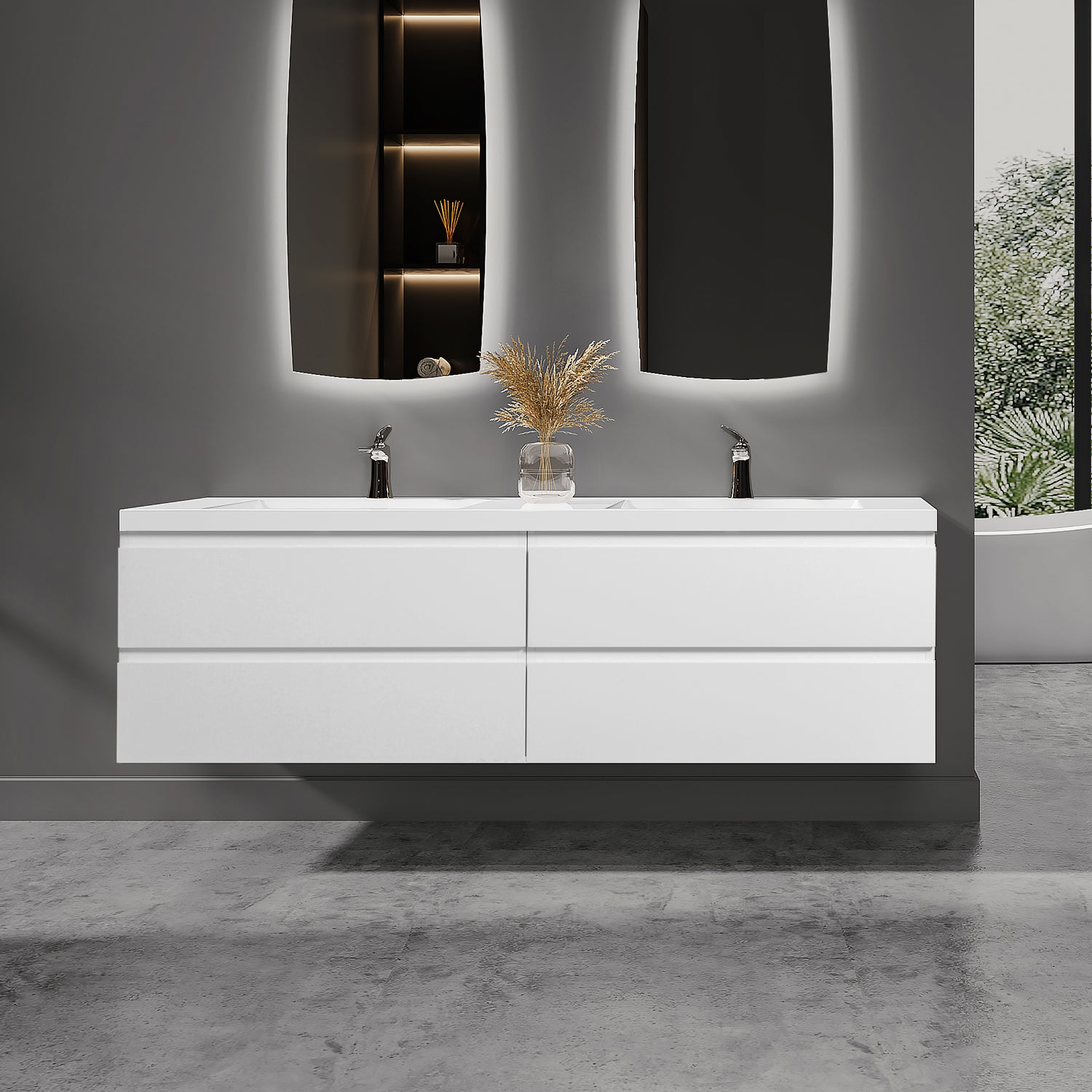 Sinber 72" Wall Mounted Double Rectangular Sink Bathroom Vanity Cabinet with White Acrylic Countertop 2 Doors and 4 Drawers, Compact and Elegant with Sleek Design for Modern Bathrooms