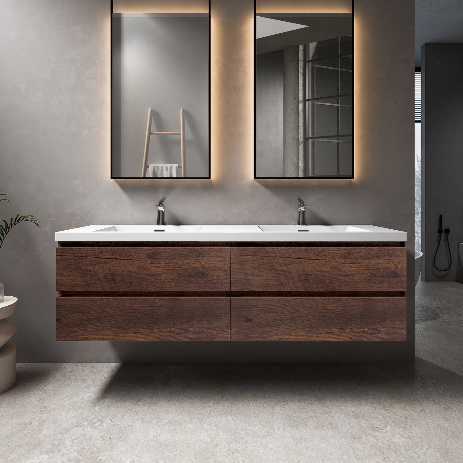 Sinber 72" Wall Mounted Double Rectangular Sink Bathroom Vanity Cabinet with White Acrylic Countertop 2 Doors and 4 Drawers, Compact and Elegant with Sleek Design for Modern Bathrooms