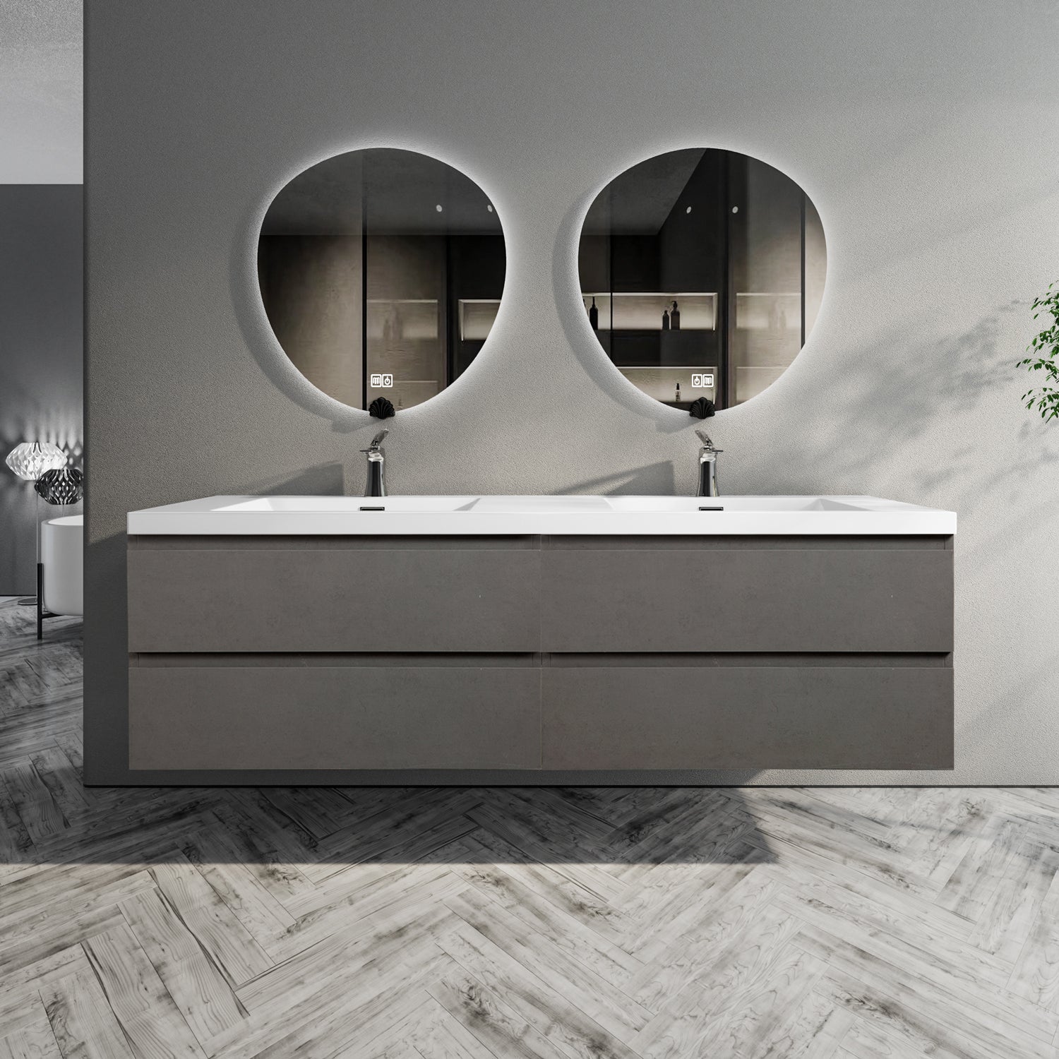 Sinber 72" Wall Mounted Double Rectangular Sink Bathroom Vanity Cabinet with White Acrylic Countertop 2 Doors and 4 Drawers, Compact and Elegant with Sleek Design for Modern Bathrooms