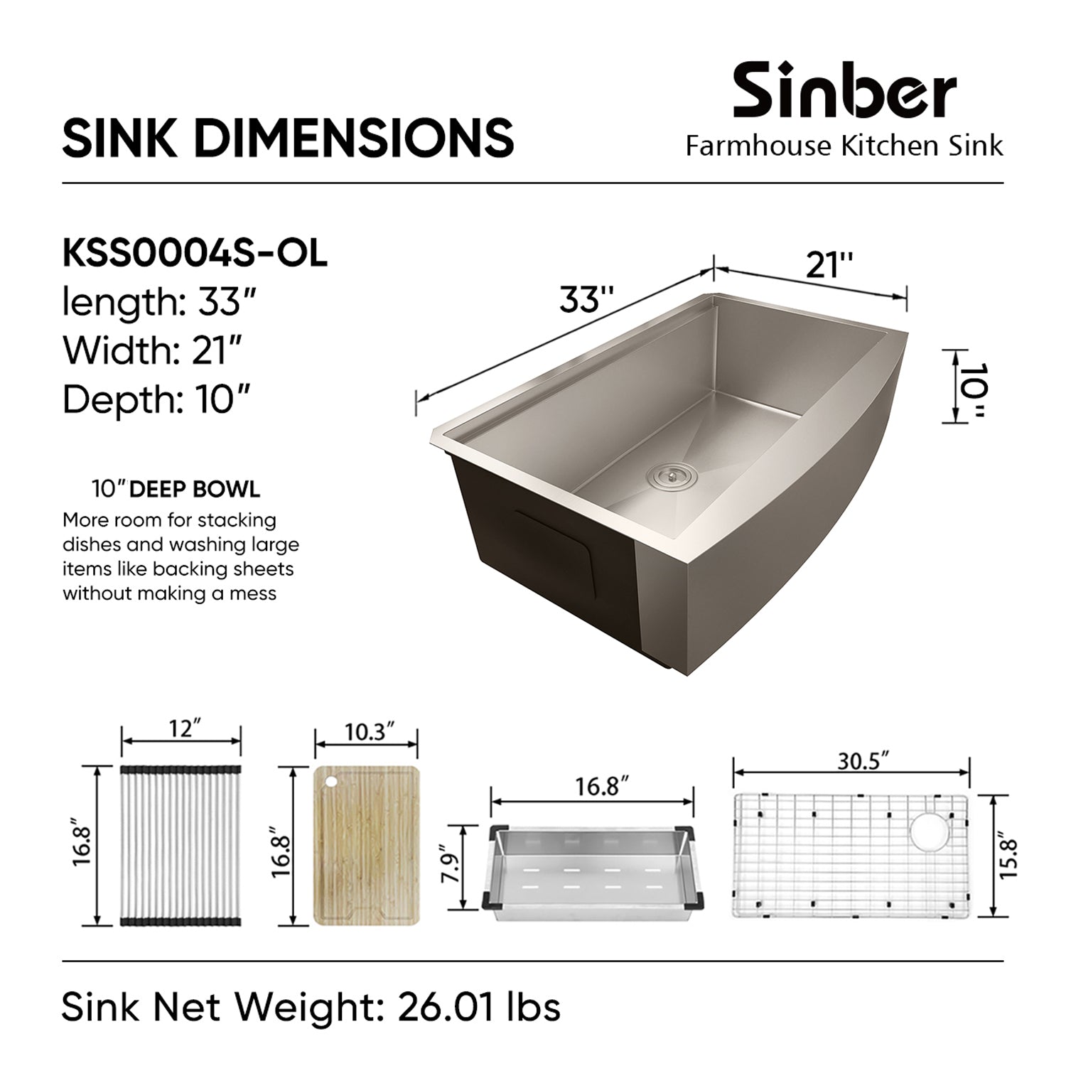 Sinber 33" x 21" x 10" Farmhouse Apron Single Bowl Workstation Kitchen Sink with 16 Gauge 304 Stainless Steel Satin Finish 6 Accessories KSS0004S-OL