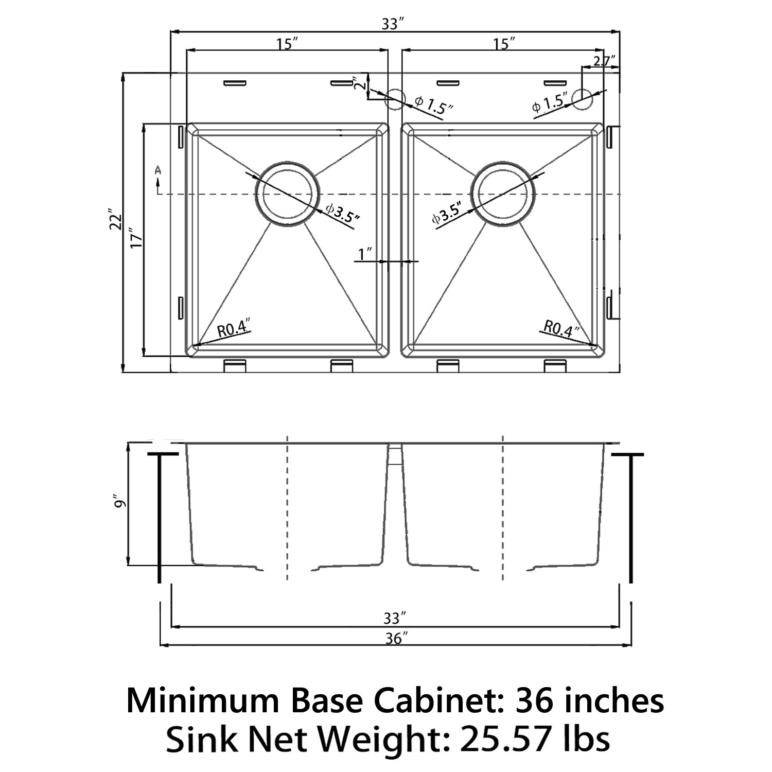Sinber 33" x 22" x 9" Drop In Double Bowl Kitchen Sink with 18 Gauge 304 Stainless Steel Satin Finish HT3322D-S-9 (Sink Only)
