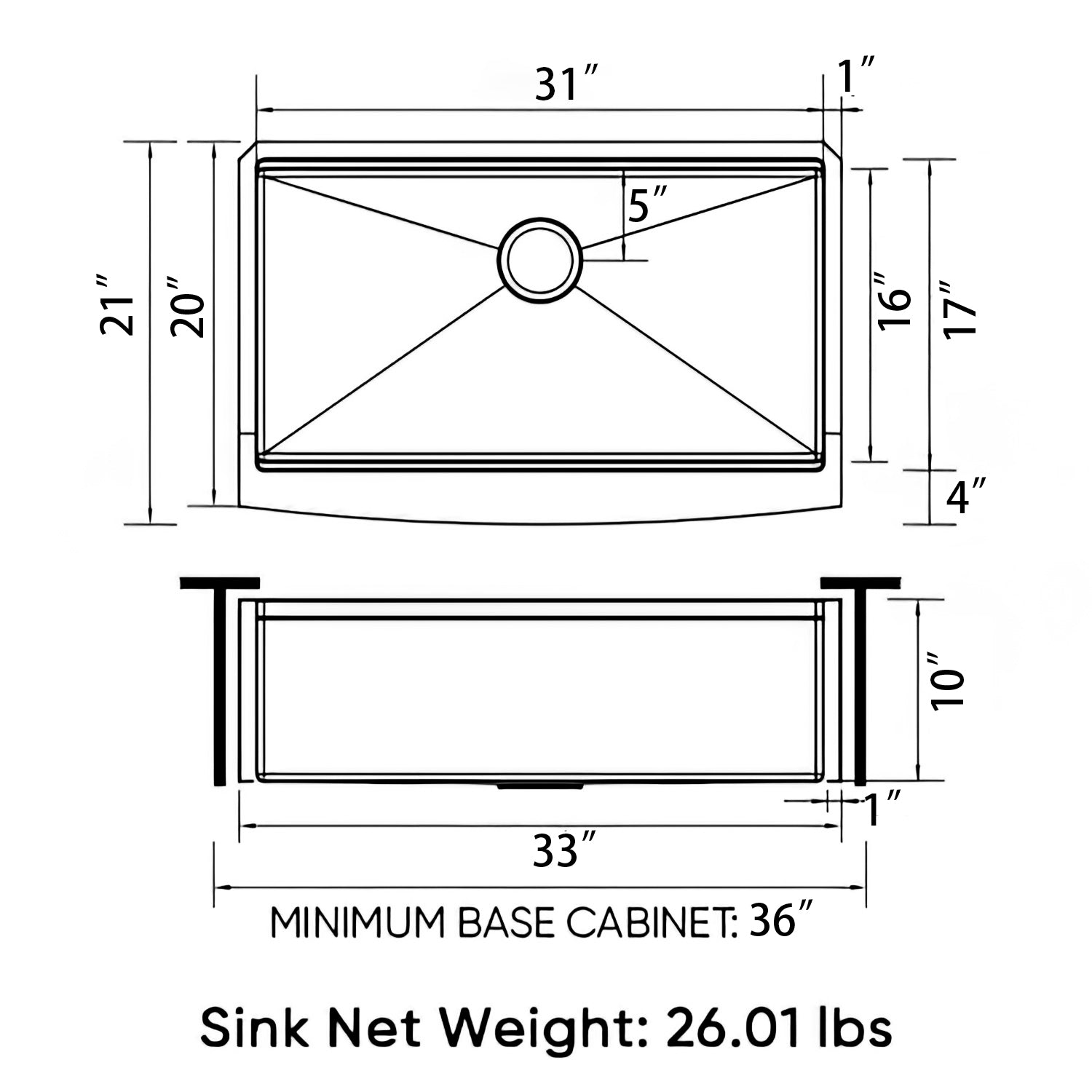 Sinber 33" x 21" x 10" Farmhouse Apron Single Bowl Workstation Kitchen Sink with 16 Gauge 304 Stainless Steel Satin Finish 6 Accessories KSS0004S-OL
