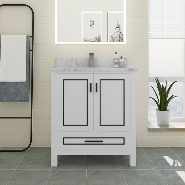 Sinber 30 Inch Rectangular Sink Bathroom Vanity Cabinet with Carrara White Marble Countertop | 2 Soft Closing Doors and 1 Full Extension Dovetail Cabinet Drawer (Style 2)