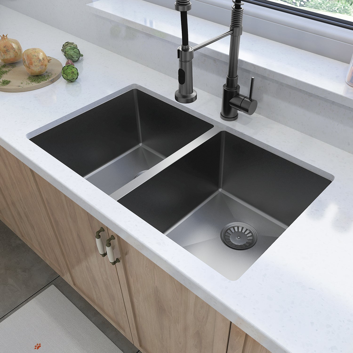 Sinber 32" x 19" x 10" Undermount Double Bowl Kitchen Sink with 18 Gauge 304 Stainless Steel Black Finish HU3219D-B (Sink Only)