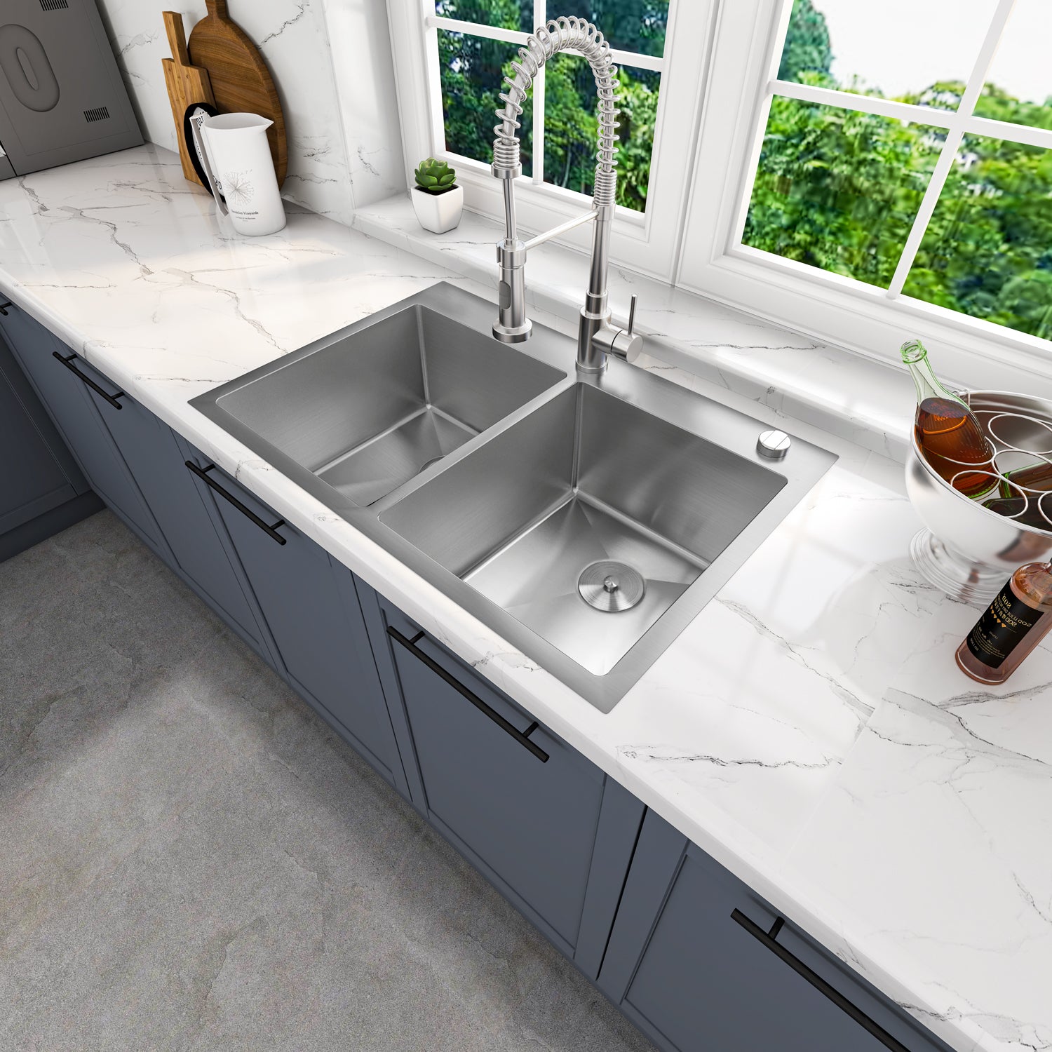 Sinber 33" x 22" x 9" Drop In Double Bowl Kitchen Sink with 18 Gauge 304 Stainless Steel Satin Finish HT3322D-S-9 (Sink Only)