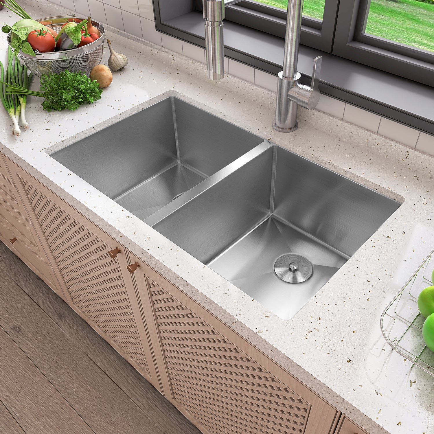 Sinber 32" x 19" x 10" Undermount Double Bowl Kitchen Sink with 304 Stainless Steel Satin Finish