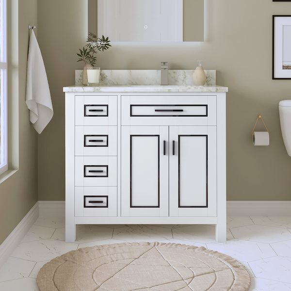 Sinber 36 Inch Rectangular Sink Bathroom Vanity Cabinet with Carrara White Marble Countertop | 2 Soft Closing Doors and 4 Full Extension Dovetail Cabinet Drawer (Style 2)