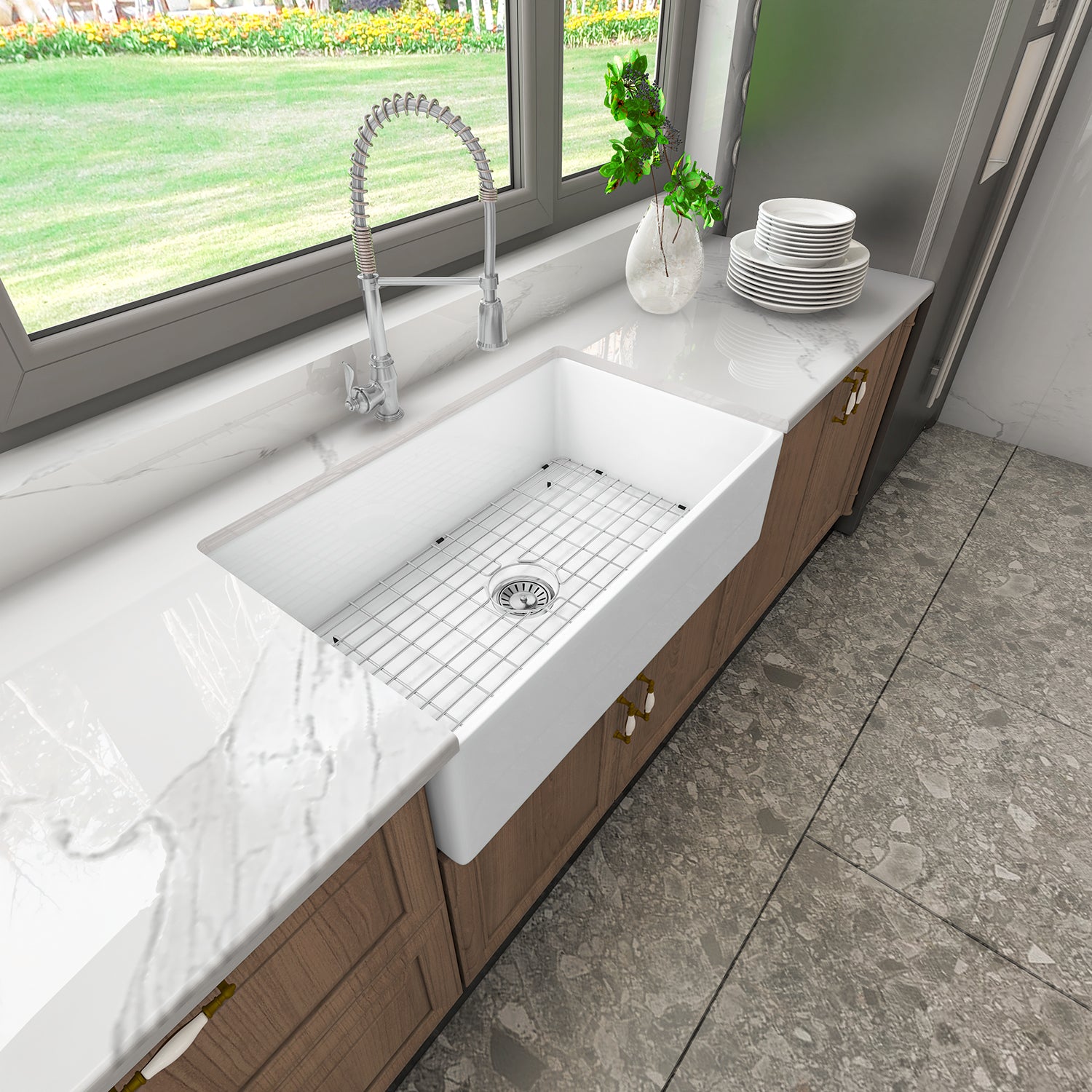 Sinber White Rectangular Ceramic Single Bowl Apron farmhouse Kitchen Sink With Strainer