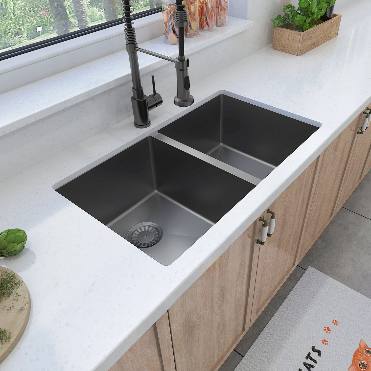 Sinber 32" x 19" x 10" Undermount Double Bowl Kitchen Sink with 18 Gauge 304 Stainless Steel Black Finish HU3219D-B (Sink Only)